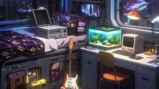 ローファイ×サイバーパンクな部屋背景｜4Kループ映像素材（配信・動画制作向け）