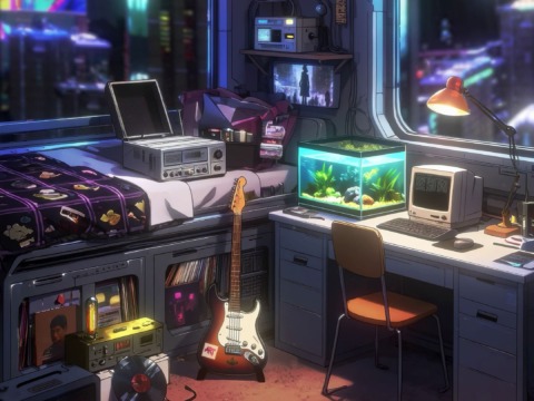 ローファイ×サイバーパンクな部屋背景｜4Kループ映像素材（配信・動画制作向け）