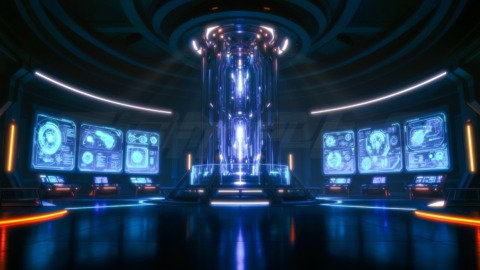 近未来のAI中枢を描いた高精細4K背景素材集。 ゲーム・映像・配信にそのまま使える全12種セット。サンプルのイラストはFHD解像度です。