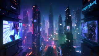 近未来SF背景素材「サイバーパンク・ナイトシティー空撮」A